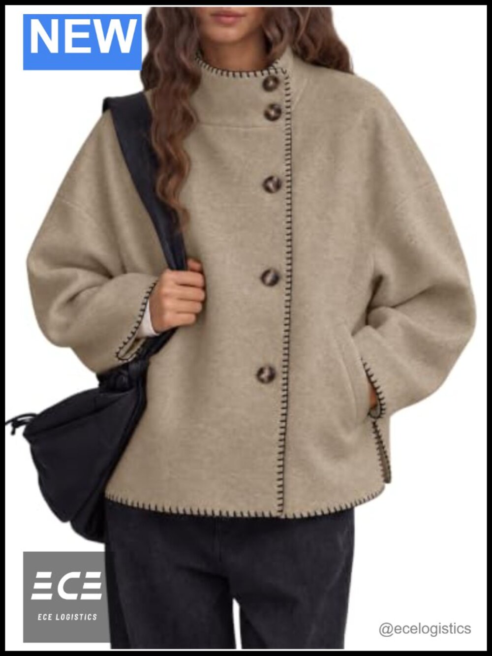 Oversized Cropped Pea Coat Stand Collar Winter Wool Blend Jacket